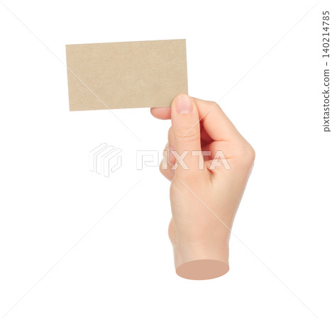 Hand holds craft blank business card, isolated on transparent background, business concept. Contemporary art design Hand holds craft blank business card, isolated on transparent background, business concept. Contemporary art design 140214785