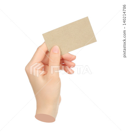 Hand holds craft blank business card, isolated on transparent background, business concept. Contemporary art design Hand holds craft blank business card, isolated on transparent background, business concept. Contemporary art design 140214786