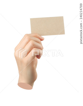 Hand holds craft blank business card, isolated on transparent background, business concept. Contemporary art design Hand holds craft blank business card, isolated on transparent background, business concept. Contemporary art design 140214789