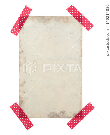 Blank ancient paper sheet attached with red polka dot adhesive tape isolated on transparent background. Vintage stationery concept for notes, templates, scrapbooking, and creative design projects Blank ancient paper sheet attached with red polka dot adhesive tape isolated on transparent background. Vintage stationery concept for notes, templates, scrapbooking, and creative design projects 140214886