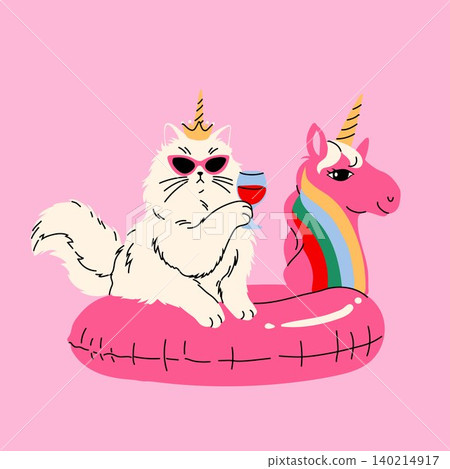 Kawaii Cat Wearing Sunglasses on Inflatable Unicorn Kawaii Cat Wearing Sunglasses on Inflatable Unicorn 140214917