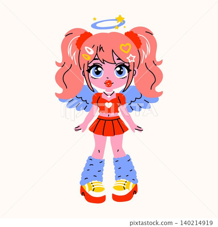 Kawaii Cartoon Girl in Red Outfit with Angel Wings 140214919