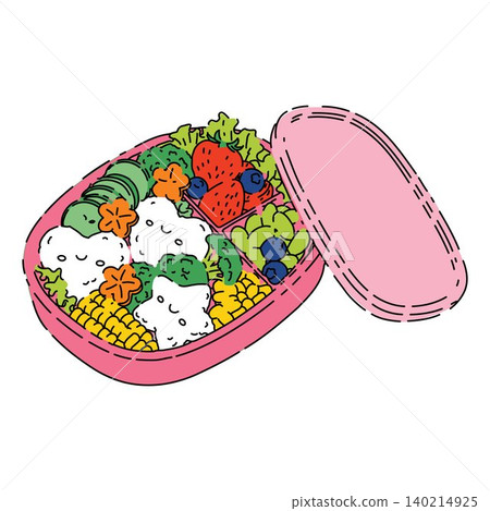 Hand Drawn Lunch Box with Rice and Vegetables 140214925