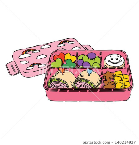 Hand Drawn School Lunch Box with Fruit and Sandwich Wraps 140214927