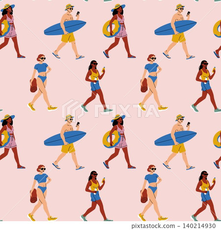 Summer Surfers and Beachgoers Seamless Pattern Summer Surfers and Beachgoers Seamless Pattern 140214930