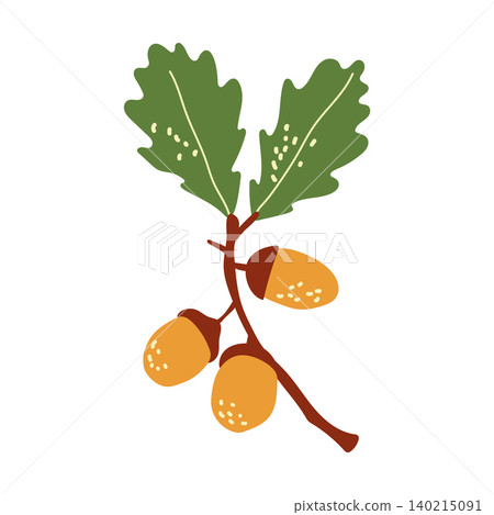 Oak branch with green leaves and yellow acorns vector autumn element Oak branch with green leaves and yellow acorns vector autumn element 140215091