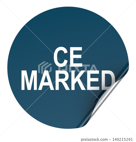 CE marked, blue round sticker with curled corner. 3D rendering CE marked, blue round sticker with curled corner. 3D rendering 140215291