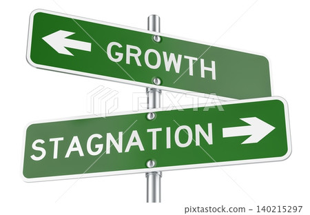 Growth and Stagnation road signs with opposite arrows. 3D rendering Growth and Stagnation road signs with opposite arrows. 3D rendering 140215297