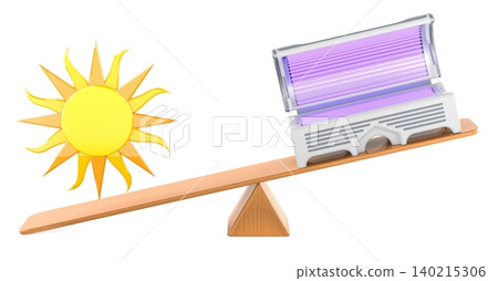 Sun or Tanning Bed, seesaw balance concept. 3D rendering Sun or Tanning Bed, seesaw balance concept. 3D rendering 140215306