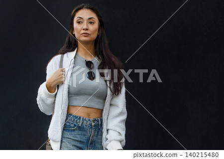 Perfect woman on a city street, closeup portrait 140215480
