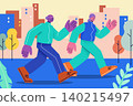 Active senior couple power walking together in the city park in corporate memphis style. Flat design vector illustration. 140215497