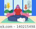 Elderly woman practicing yoga and meditation indoors for mental wellness in corporate memphis style. Flat design vector illustration. 140215498