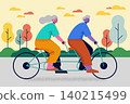 Happy senior couple riding a tandem bicycle together outdoors in corporate memphis style. Flat design vector illustration. 140215499