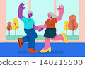 Energetic elderly couple dancing together happily indoors in corporate memphis style. Flat design vector illustration. 140215500