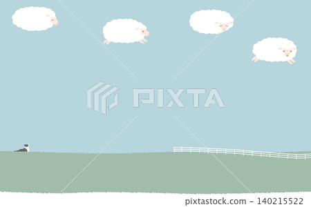A sheep transformed into a cloud, with a sheepdog looking up at it. A fairytale-like illustration of a blue sky and clouds. A sheep transformed into a cloud, with a sheepdog looking up at it. A fairytale-like illustration of a blue sky and clouds. 140215522