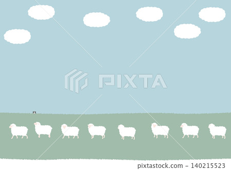 一隻綿羊在行走,一隻牧羊犬在一旁守護著它。背景是藍天白雲。 一隻綿羊在行走,一隻牧羊犬在一旁守護著它。背景是藍天白雲。 140215523