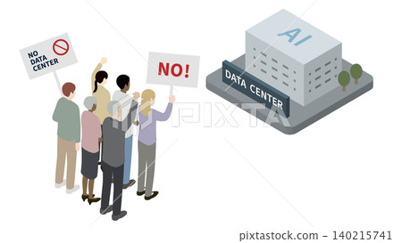 Isometric illustration of residents and local community protests against the construction of an AI data center. 140215741