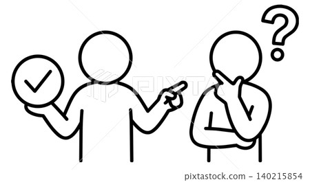 Problem solving stick figure vector icon. Man holding check mark and giving answer to confused person with question mark, mentoring and customer support concept. Problem solving stick figure vector icon. Man holding check mark and giving answer to confused person with question mark, mentoring and customer support concept. 140215854