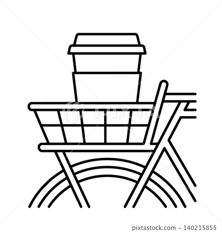 Takeaway coffee cup in bicycle basket line art vector icon. Disposable paper cup with sleeve and lid on front bike basket, lifestyle commute and green transport concept. Takeaway coffee cup in bicycle basket line art vector icon. Disposable paper cup with sleeve and lid on front bike basket, lifestyle commute and green transport concept. 140215855