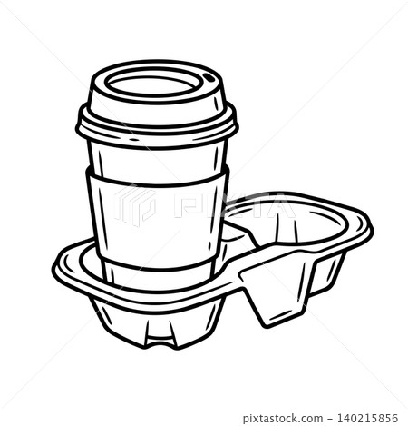 Takeaway coffee cup and tray carrier line art vector icon. Disposable hot drink paper cup with sleeve and lid in cardboard cup holder mockup minimalist illustration. Takeaway coffee cup and tray carrier line art vector icon. Disposable hot drink paper cup with sleeve and lid in cardboard cup holder mockup minimalist illustration. 140215856
