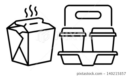 Takeaway food packaging line art vector icon set. Hot chinese takeout box with steam, disposable coffee cup carrier holder minimalist illustration. 140215857