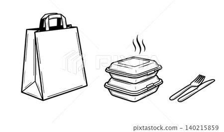 Takeaway food packaging line art vector icon set. Paper shopping bag, hot meal container box with steam, fork and knife cutlery minimalist illustration. Takeaway food packaging line art vector icon set. Paper shopping bag, hot meal container box with steam, fork and knife cutlery minimalist illustration. 140215859