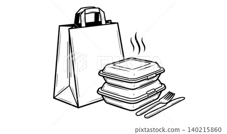 Takeaway food packaging line art vector icon set. Paper shopping bag, hot meal container box with steam, fork and knife cutlery minimalist illustration. Takeaway food packaging line art vector icon set. Paper shopping bag, hot meal container box with steam, fork and knife cutlery minimalist illustration. 140215860