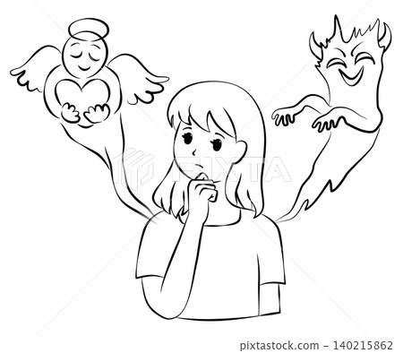 一幅線條畫插圖,描繪了一位迷路且憂心忡忡的年輕女子,天使和惡魔分別出現在她的兩側。 一幅線條畫插圖,描繪了一位迷路且憂心忡忡的年輕女子,天使和惡魔分別出現在她的兩側。 140215862