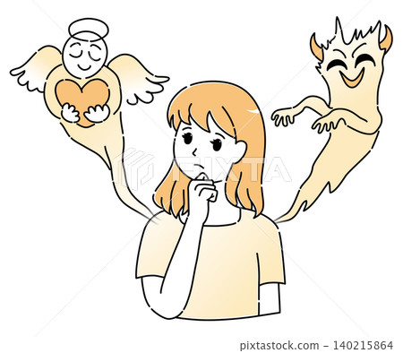 A simple image illustration of a young woman who is lost and troubled, with an angel and a demon appearing on either side. A simple image illustration of a young woman who is lost and troubled, with an angel and a demon appearing on either side. 140215864
