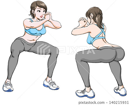 Young woman doing squats_mirror_forward and backward Young woman doing squats_mirror_forward and backward 140215931