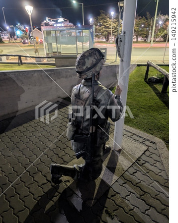 El Calafate, Patagonia, Argentina - March 8, 2026: Memorial sculpture depicting Argentine soldiers 140215942