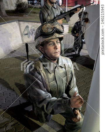 El Calafate, Patagonia, Argentina - March 8, 2026: Close-up of an Argentine soldier sculpture at a veterans memorial El Calafate, Patagonia, Argentina - March 8, 2026: Close-up of an Argentine soldier sculpture at a veterans memorial 140215943