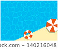 An illustration of a beach umbrella and a lifebuoy at the water's edge. 140216048