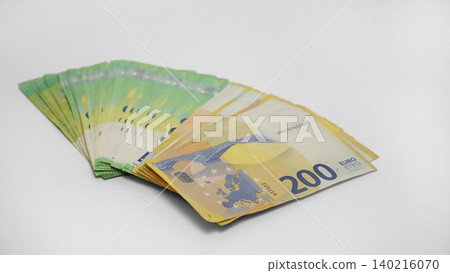 Fan of 100 and 200 Euro Banknotes Isolated on White Background - Wealth, Investment and Financial Success Concept 140216070
