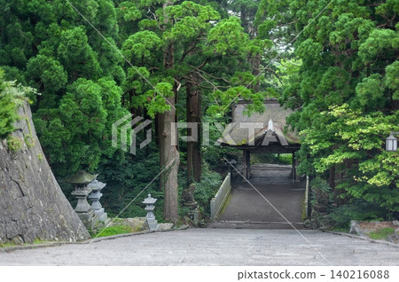The shrine gate, designed to face in reverse, stands amidst a forest of giant trees amidst lush greenery, as seen from the steps leading up to the inner sanctuary of Ogamiyama Shrine (Daisen Town, Tottori Prefecture). The shrine gate, designed to face in reverse, stands amidst a forest of giant trees amidst lush greenery, as seen from the steps leading up to the inner sanctuary of Ogamiyama Shrine (Daisen Town, Tottori Prefecture). 140216088