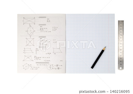 school checkered notebook for geometry with a pencil and a ruler top view school checkered notebook for geometry with a pencil and a ruler top view 140216095