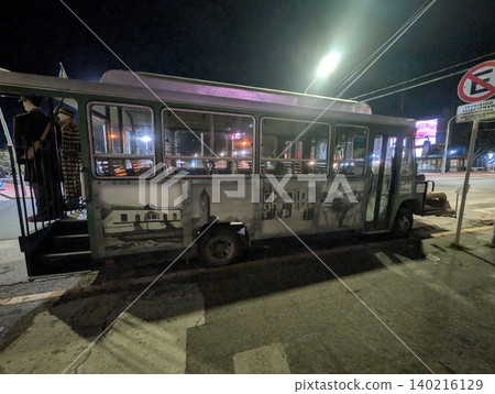 El Calafate, Patagonia, Argentina - March 8, 2026: Historic-style bus attraction in downtown El Calafate 140216129