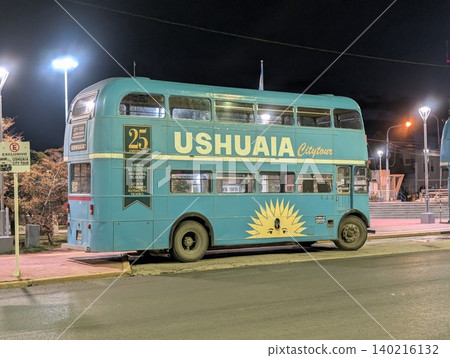 El Calafate, Patagonia, Argentina - March 8, 2026: Double-decker Ushuaia-themed tourist bus monument El Calafate, Patagonia, Argentina - March 8, 2026: Double-decker Ushuaia-themed tourist bus monument 140216132