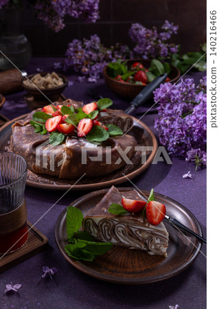 Chocolate crepe cake with strawberries and mint for dessert Chocolate crepe cake with strawberries and mint for dessert 140216466