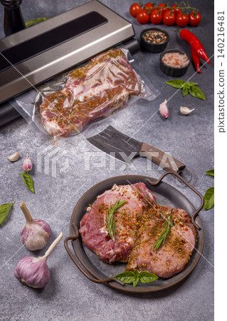 Marinated meat cuts preparing for vacuum sealing and food preservation Marinated meat cuts preparing for vacuum sealing and food preservation 140216481