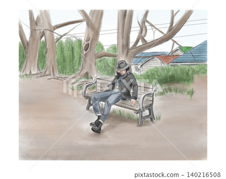 Men sitting on a park bench Men sitting on a park bench 140216508