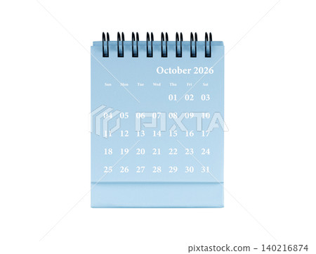 Desktop calendar for October 2026 in blue colour. Mini planner for business and finance, spiral view on isolated white background Desktop calendar for October 2026 in blue colour. Mini planner for business and finance, spiral view on isolated white background 140216874
