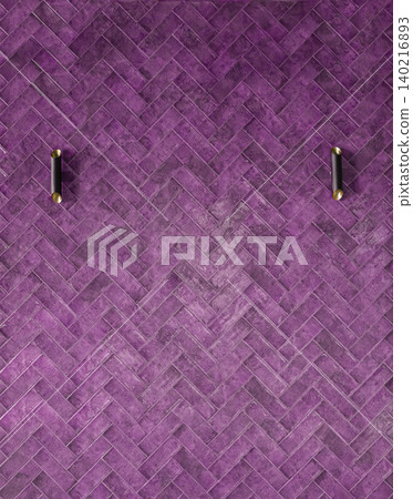 Modern Pink Herringbone Tile Wall with Stylish Golden Sconces Modern Pink Herringbone Tile Wall with Stylish Golden Sconces 140216893