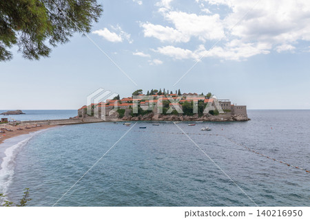 Sveti Stefan island resort and beach coastline panorama, Budva Riviera view 140216950