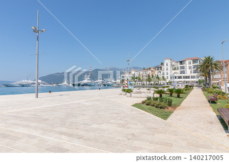 Porto Montenegro marina waterfront promenade with luxury yachts in Tivat 140217005