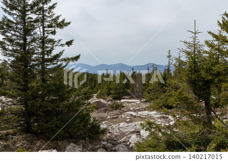 Zuratkul National Park mountain tundra trail with spruce forest and distant peaks Zuratkul National Park mountain tundra trail with spruce forest and distant peaks 140217015
