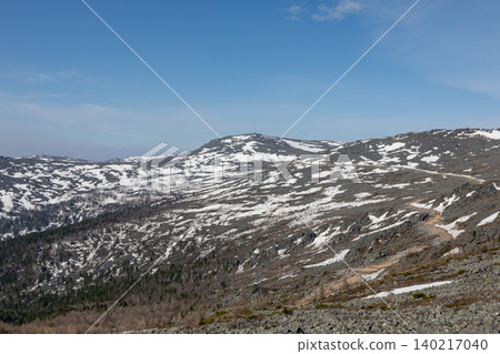 Panoramic view of Konzhakovsky Stone mountain ridge with spring snow, Urals 140217040