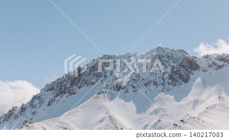 Snowy mountain ridge in Alay Valley with clear blue sky, Kyrgyzstan landscape 140217083