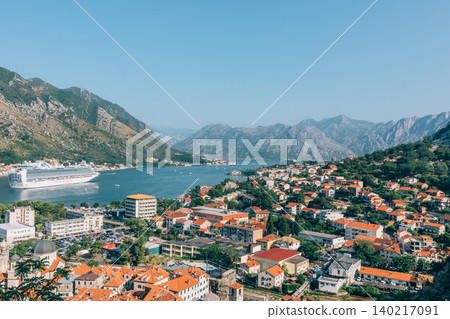 Panoramic view of Kotor Bay with cruise ship and mountain landscape, Montenegro Panoramic view of Kotor Bay with cruise ship and mountain landscape, Montenegro 140217091