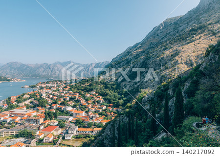 Panoramic view of Kotor Bay and red rooftops beneath steep mountains, Montenegro Panoramic view of Kotor Bay and red rooftops beneath steep mountains, Montenegro 140217092